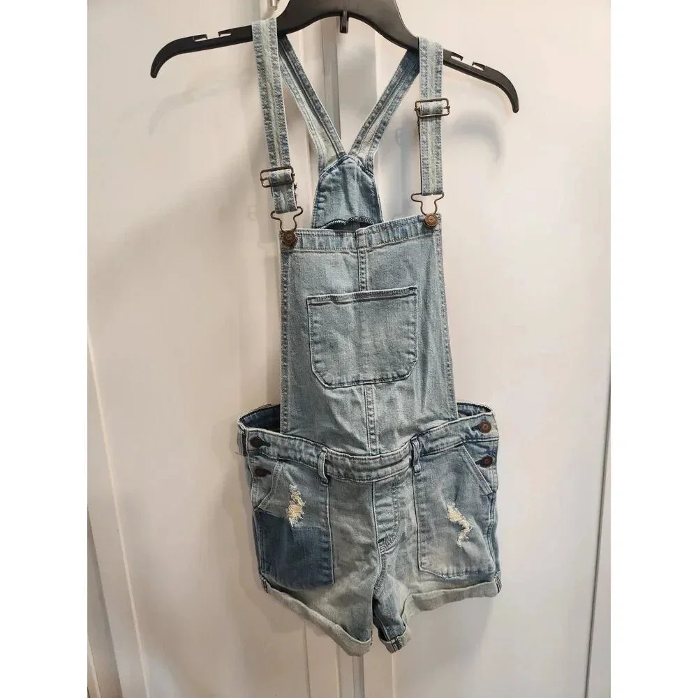 Hollister Denim Shortalls Shorts Overalls Rolled Cuff Boho